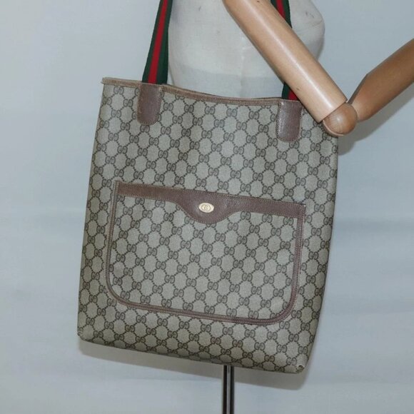 GUCCI GG Supreme Web Sherry Line Tote Bag PVC Beige Gold - Picture 13 of 15